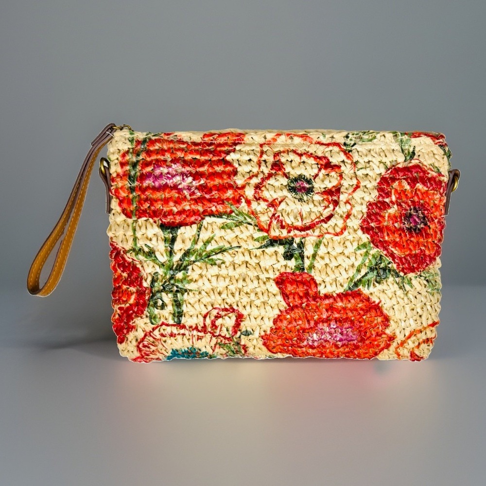 Style & Co Boho Woven Paper Straw Wristlet Purse Red Orange Floral Print Pouch